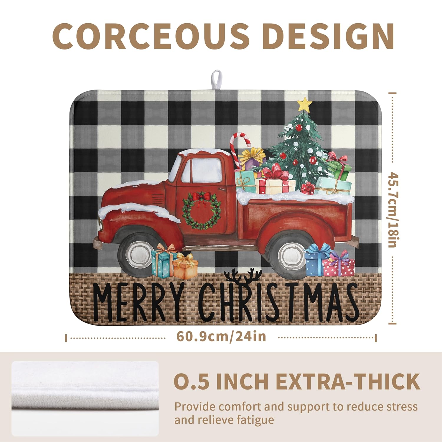 Merry Christmas Truck Dish Drying Mat Winter Large Kitchen Mats Dish Drying Pad Xmas Tree Absorbent Dish Dryer Mat For Kitchen Countertops Microfiber Drainer Pad Dish Drying Mats (18X24 In)