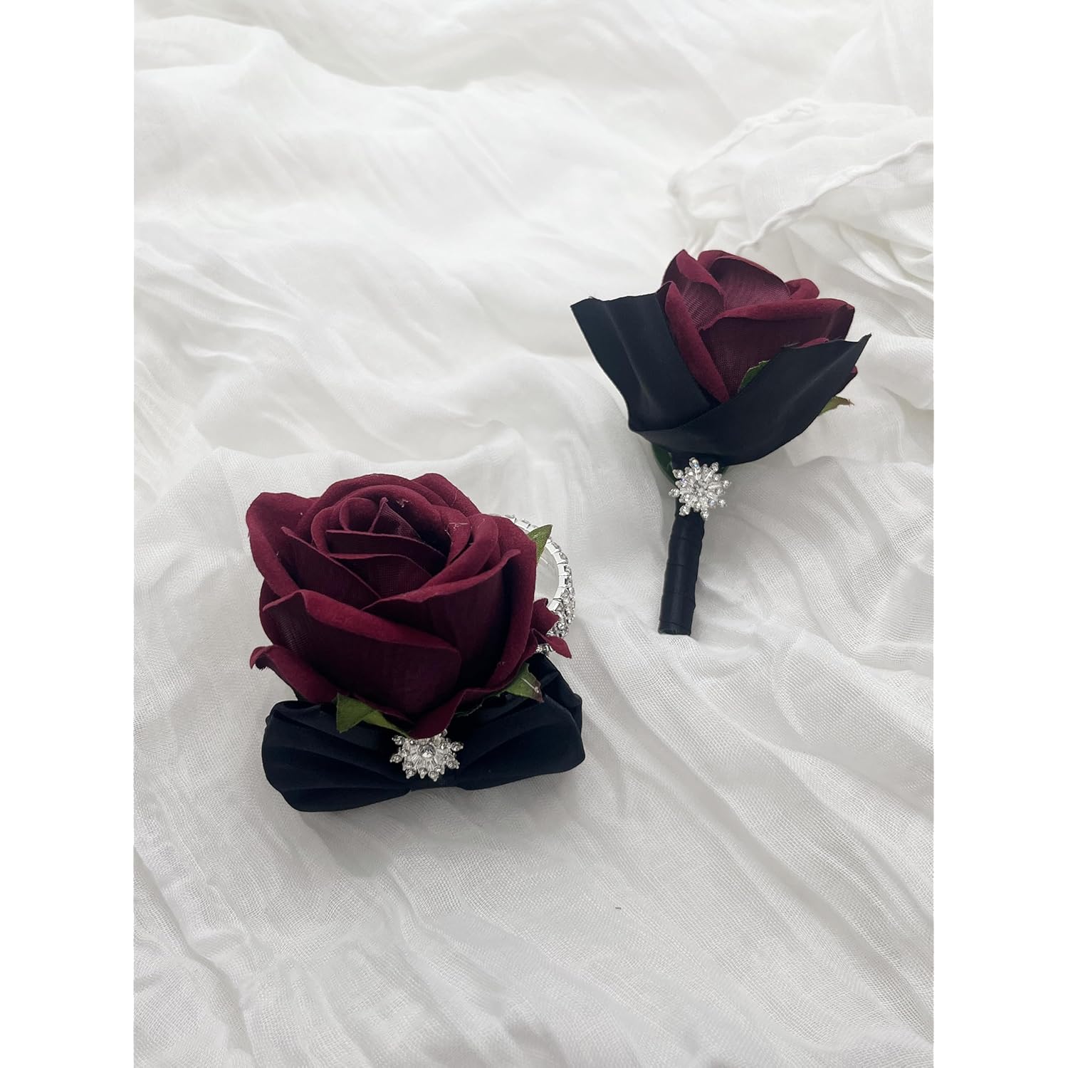 Ting & Cecilly Burgundy Rose Wrist Corsage Boutonniere Set Artificial Flower With Black Satin Ribbon Rhinestone Decor Handmade Silk Flower For Prom Wedding Party Suit Decor (Burgundy)