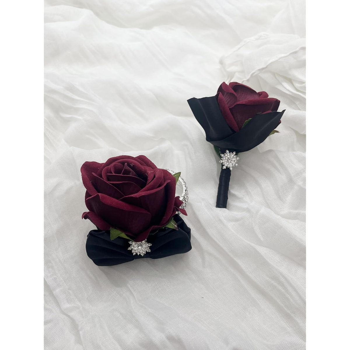 Ting & Cecilly Burgundy Rose Wrist Corsage Boutonniere Set Artificial Flower With Black Satin Ribbon Rhinestone Decor Handmade Silk Flower For Prom Wedding Party Suit Decor (Burgundy)