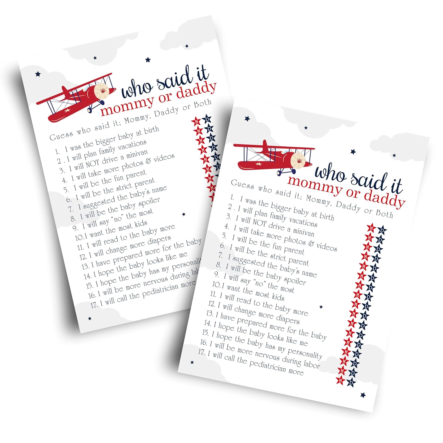 Airplane Baby Shower Games For Boys - 25 Guess Who Mommy Or Daddy Game Cards - Fun Gender Reveal Activities For Guests - Red And Blue Taking Flight Theme, 5X7