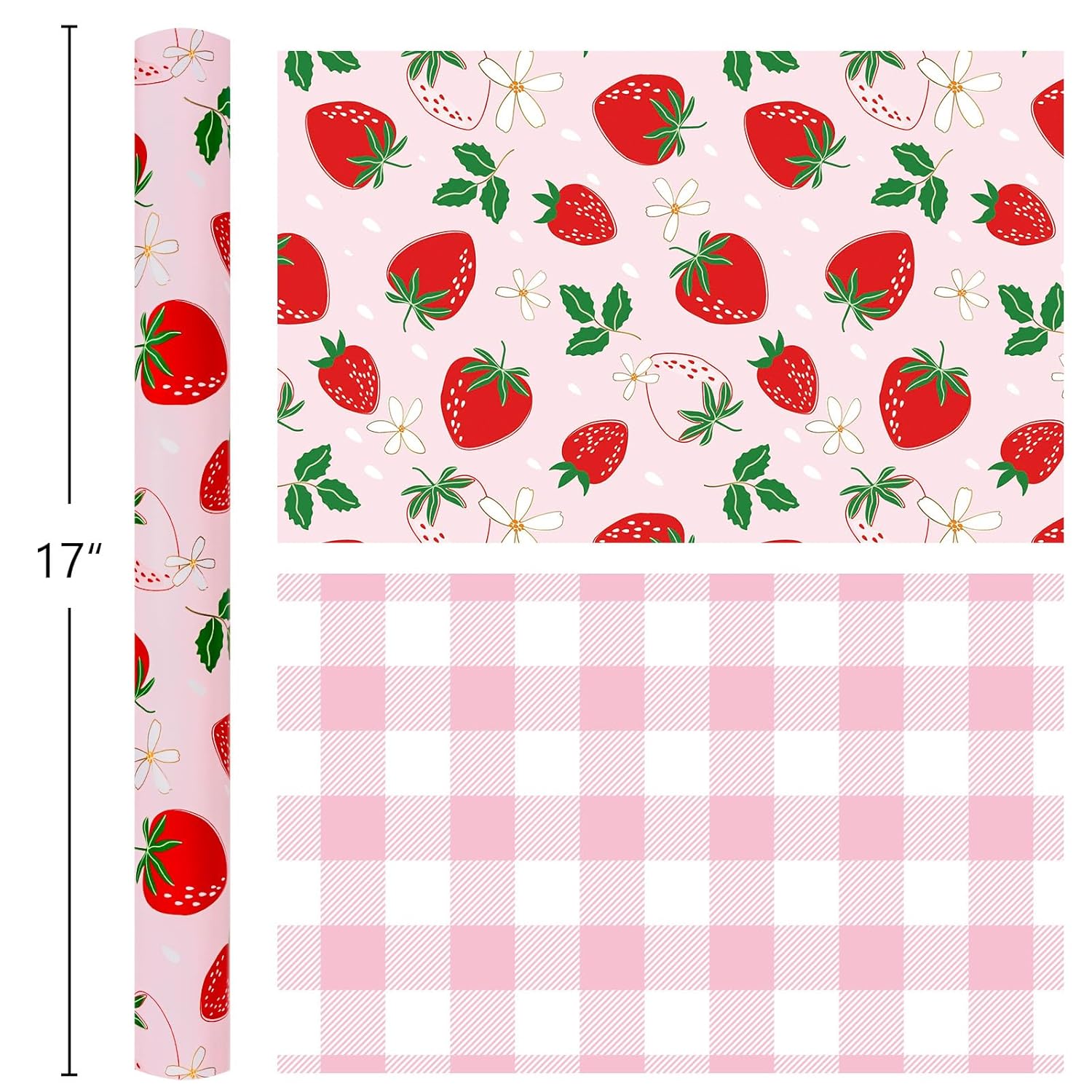 Reversible Pink Strawberry Wrapping Paper Roll, Cute Strawberry, Flower With Pink Plaid Gift Wrap For Girls,Wedding,Birthday Valentine'S Day,Baby Shower?17 In X 16.5 Ft?