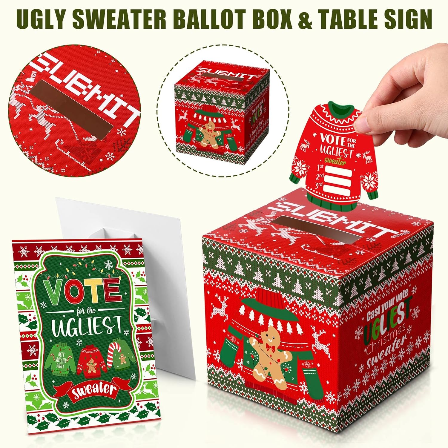 68 Pcs Christmas Ugly Sweater Party Voting Cards With Ugly Sweater Contest Ballot Box 60 Voting Cards 3 Medal Awards 3 Sweater Award Sashes 1 Table Sign For Holiday Xmas Party Game Supplies