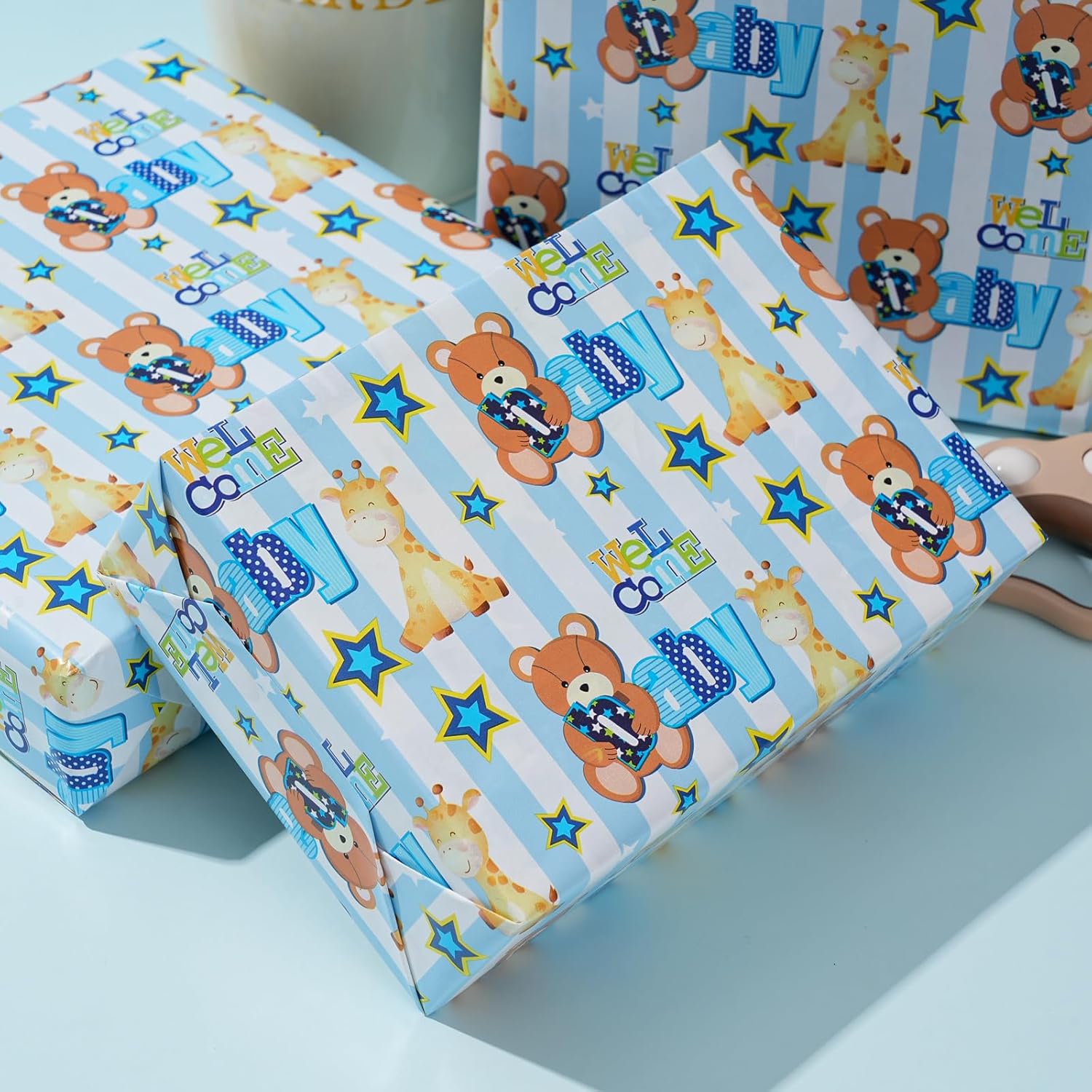 Baby Shower Wrapping Paper Roll - Blue Animal Heart Theme Newborn Gift Wrap Paper For Boy Baby Shower, Children'S Christening, Birthday, New Mommy - 17.5 In X 16.5 Ft?Cut Lines On Back