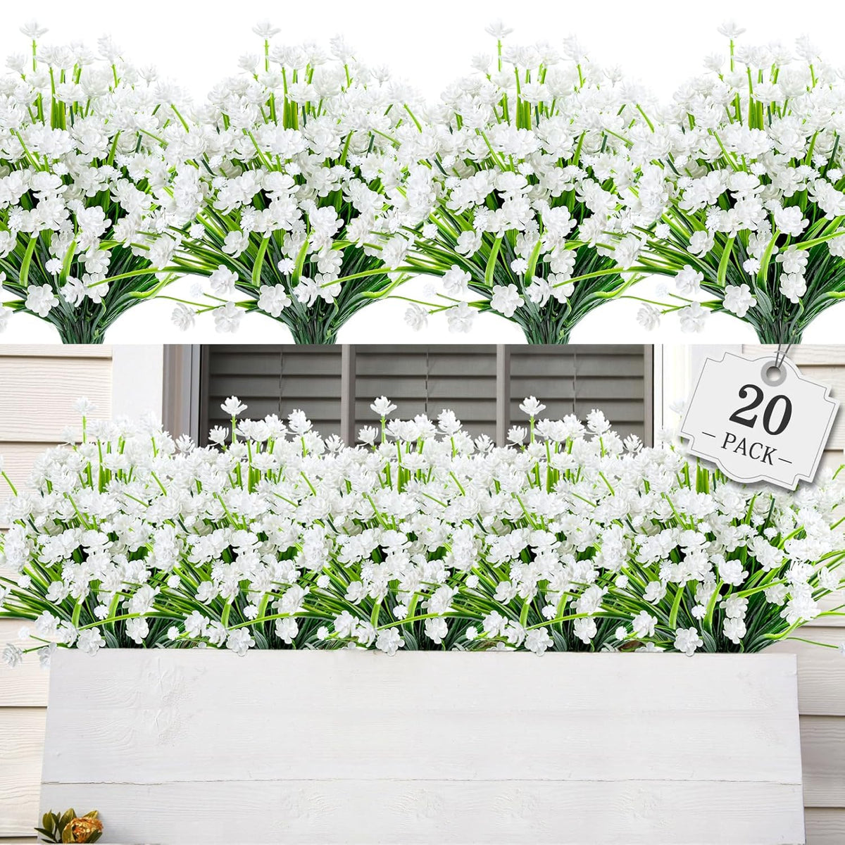 20 Bundles Artificial Flowers For Outdoor Outside Spring Summer Decoration Uv Resistant Faux Flowers No Fade Fake Plastic Plants Garden Porch Window Box Decorating (Pure White)