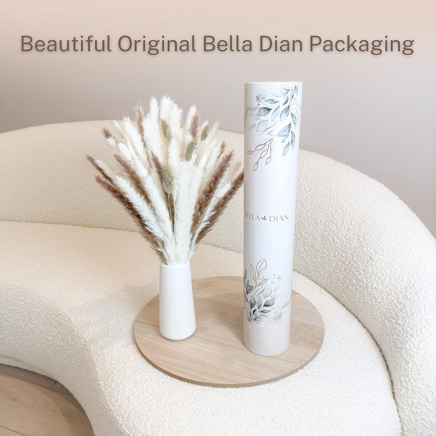 Pampas Grass With Vase Decor For Living Room, Bathroom, Desk, Table Centerpiece | White Ceramic Vase Set With 100 Pcs Dried Plants Fall Decoration, Cream Beige Aesthetic 17" Tall