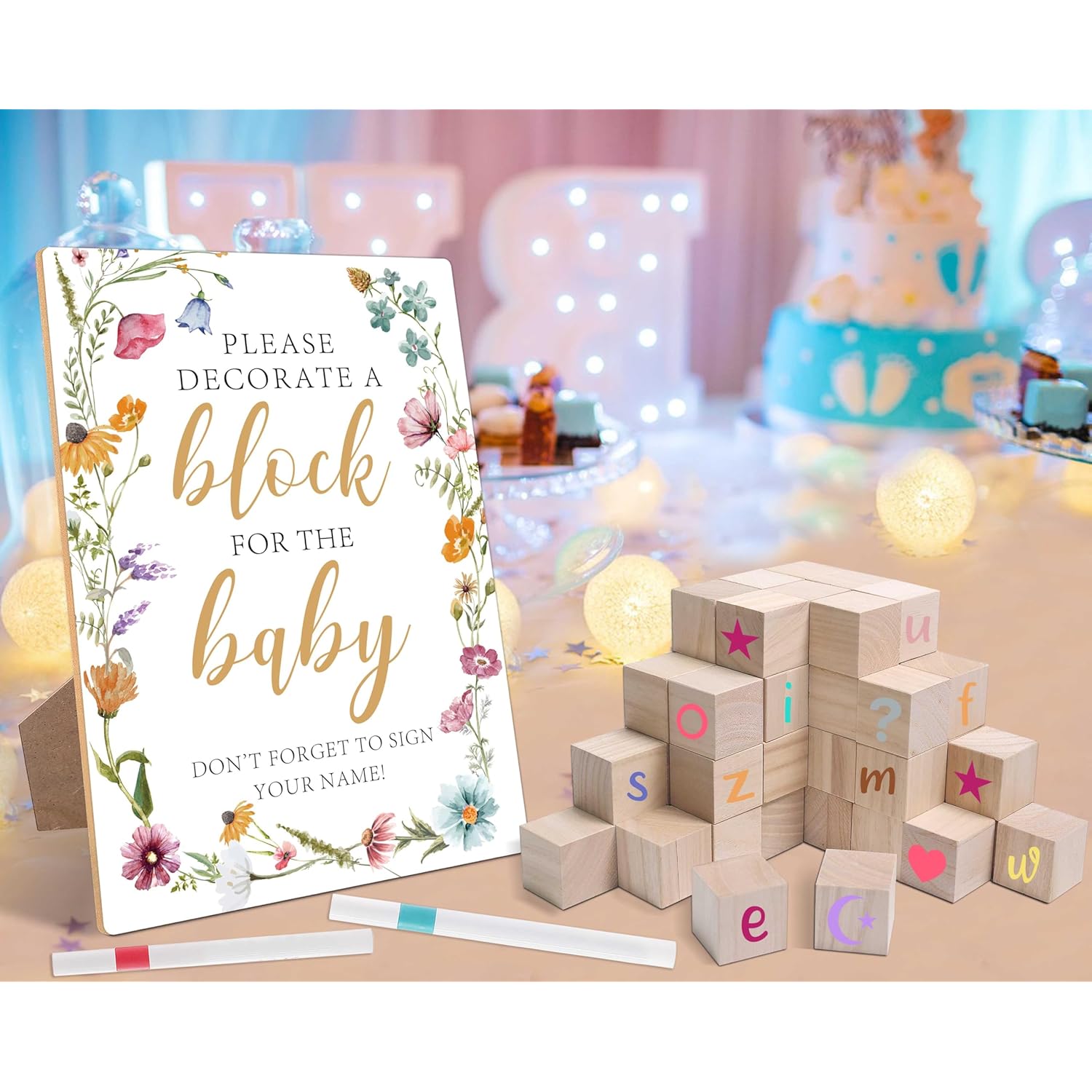 79 Pcs Wood Baby Blocks For Baby Shower Games Decorate, Including 1 Block Floral Boho Sign 54 Diy Blank Blocks 24 Pens, For Activities, Gender Reveal,3