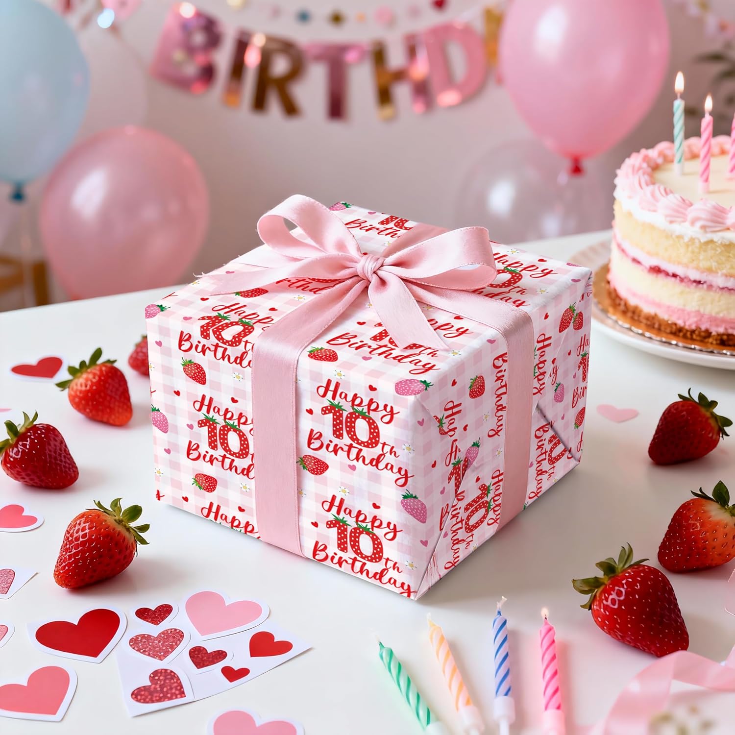 Happy 10Th Birthday Wrapping Paper Roll, Strawberry & Pink Gingham Gift Wrap For Girl’S Tenth Birthday Party, Kids Age10 Decorations & Presents, Mini Roll 17 In X 16.4 Ft
