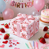 Happy 10Th Birthday Wrapping Paper Roll, Strawberry & Pink Gingham Gift Wrap For Girl’S Tenth Birthday Party, Kids Age10 Decorations & Presents, Mini Roll 17 In X 16.4 Ft