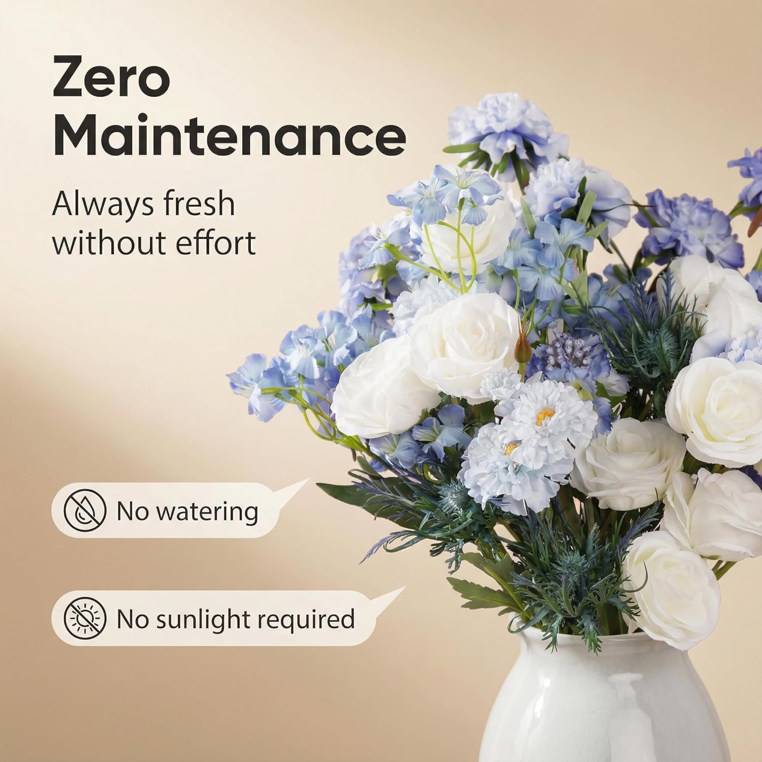 Blue And White Artificial Flowers Arrangement, Lifelike Faux Silk Roses & Scabiosa Bouquet Centerpiece For Home, Coastal Farmhouse Decor & Wedding