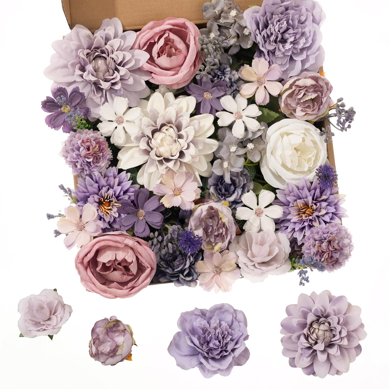 30 Pcs Artificial Flowers Combo Purple Flowers Mix Silk Flowers Dahlia Roses With Stems For Diy Wedding Bridal Bouquets, Baby Shower, Floral Arrangement, Table Centerpieces, Home Decorations