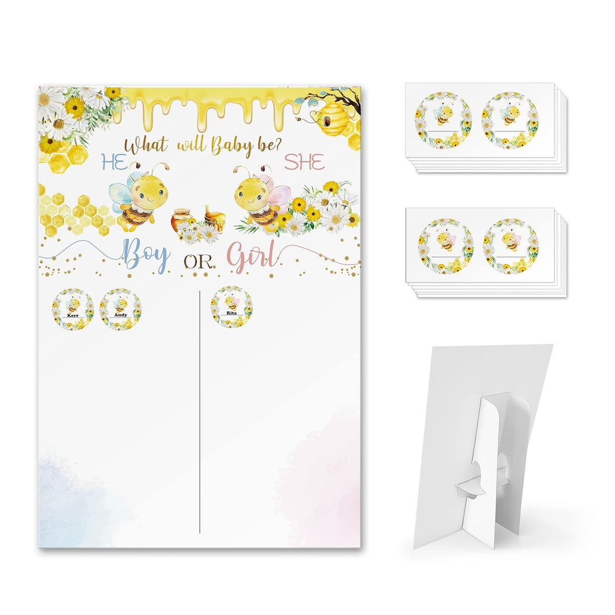 Bee Reveal Games Voting Board With Stand, 60 Bee Boy And Girl Stickers For Party Guests?He Or She, Cast Your Vote Guess Game, Gender Reveal Party Centerpiece Decorations