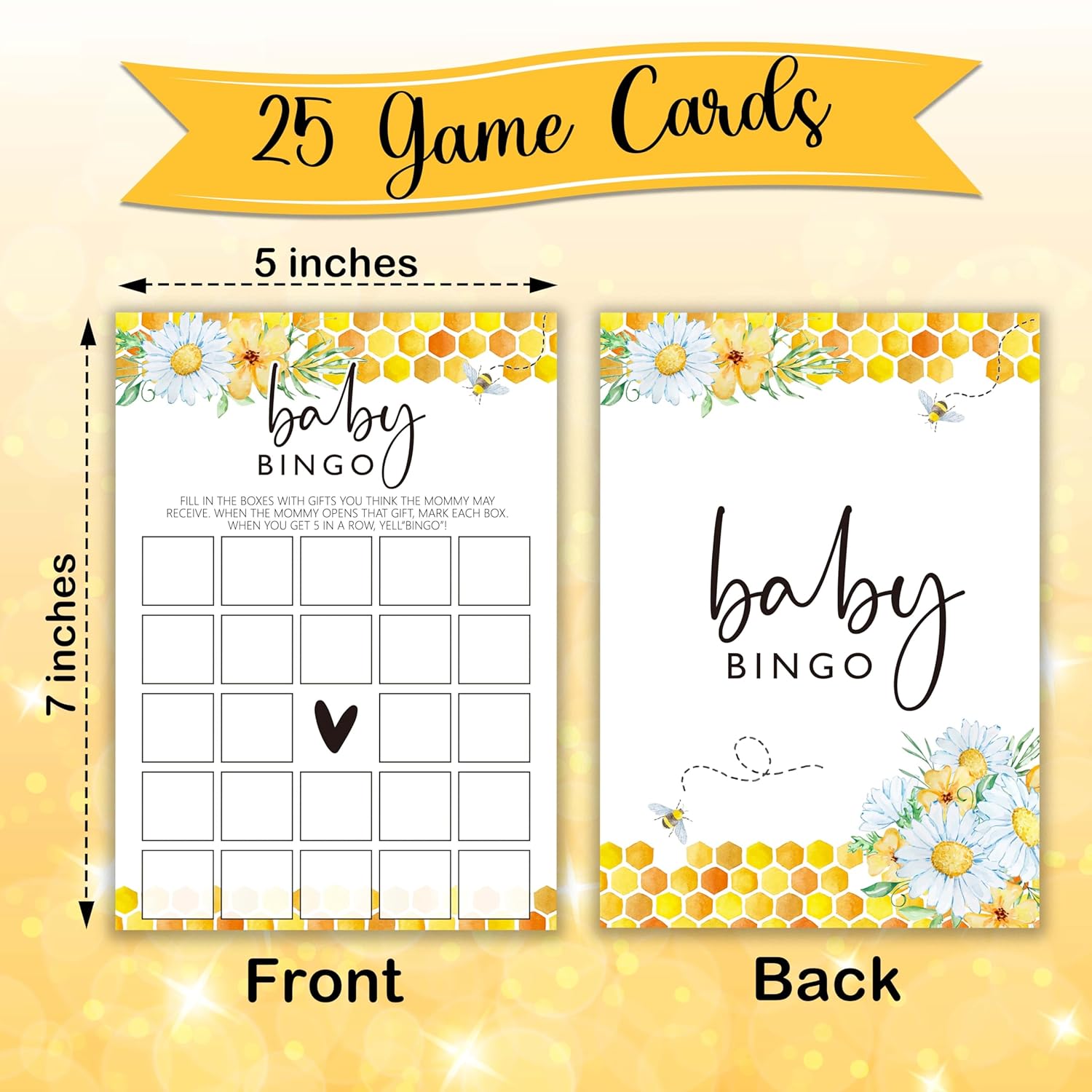 Honey Bee Gender Neutral Games, Summer Daisy Bumble Bee Bingo Game For Party Supplies & Favor, 5X7 In & Set Of 25-A03