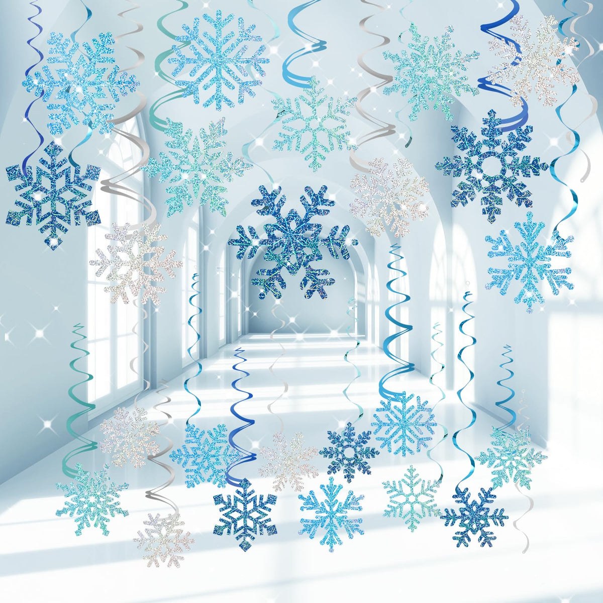 Winter Snowflake Hanging Decorations 30 Pcs Blue and Silver Christmas Ceiling Streamers Hanging Decorations Glittery Snowflakes Swirls for Wonderland Frozen Party and Christmas Decor