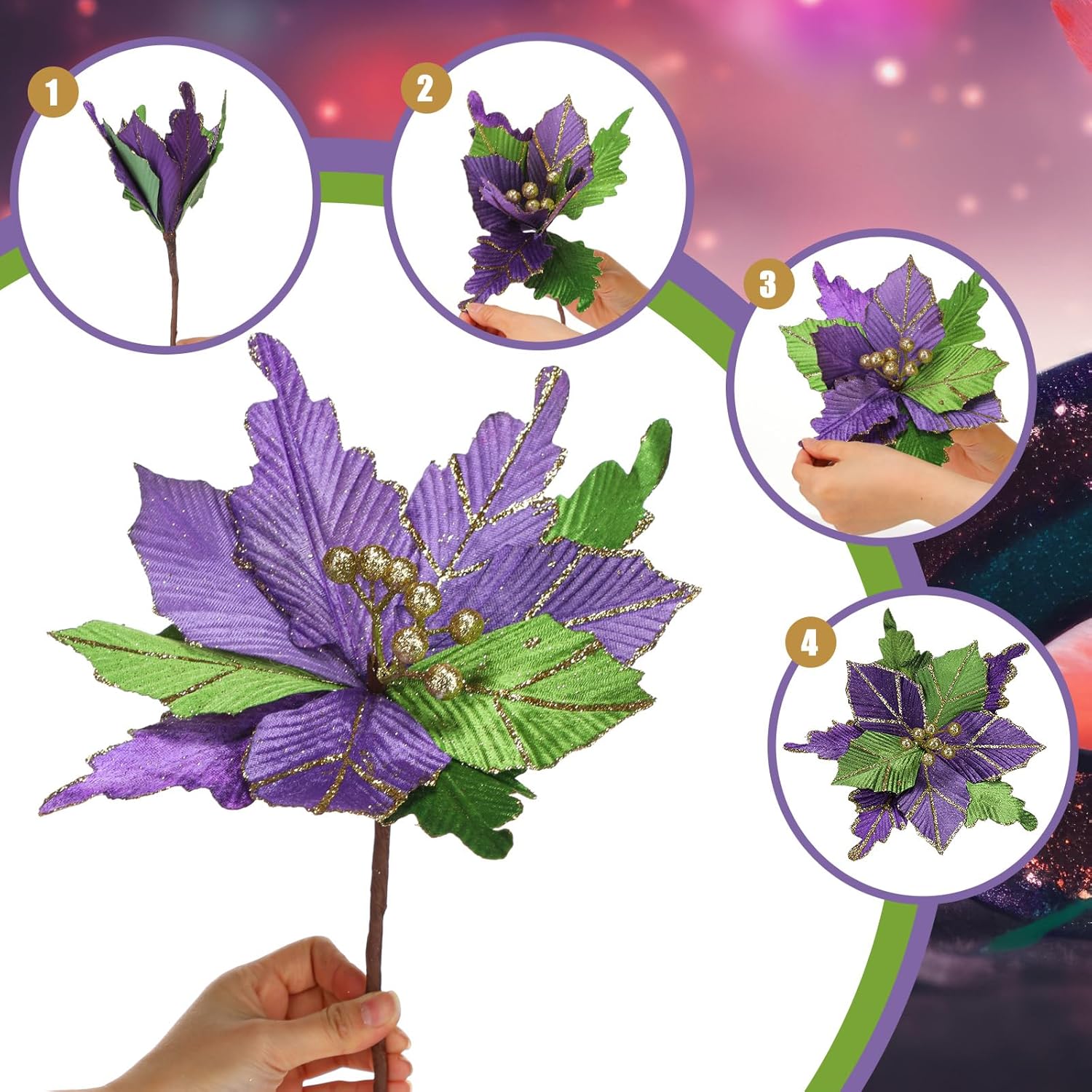 6 Pcs 10'' Mardi Gras Poinsettia Flower Large Flowers Glitter Artificial Tree Decorations Carnival Party Tree Ornaments Wreath Supplies New Orleans Style Party