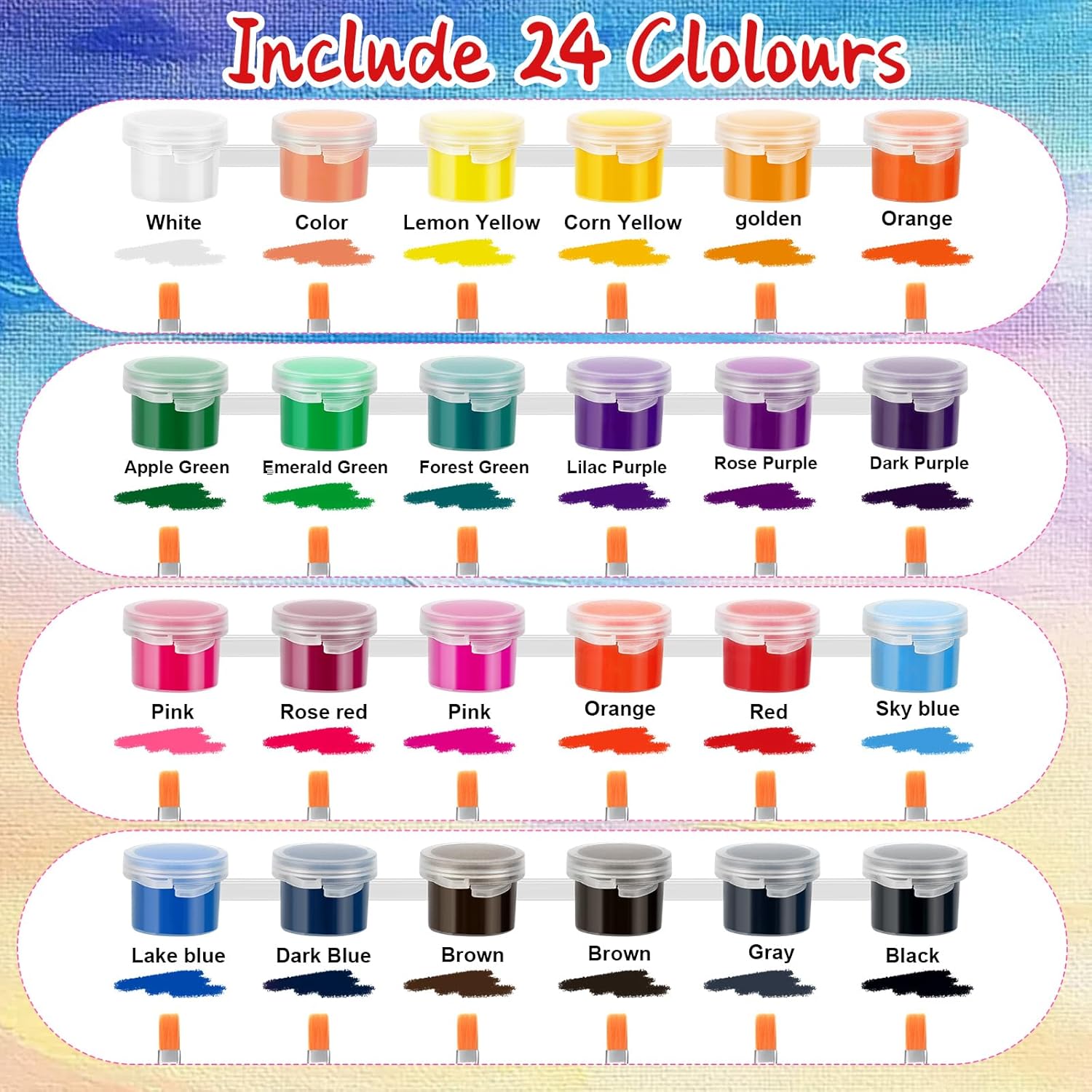 24 Set 24 Colors Mini Acrylic Paint Kit For Craft 624 Pcs Washable Acrylic Paint Set Paints Strips For Party Painting Supplies 48 Brushes
