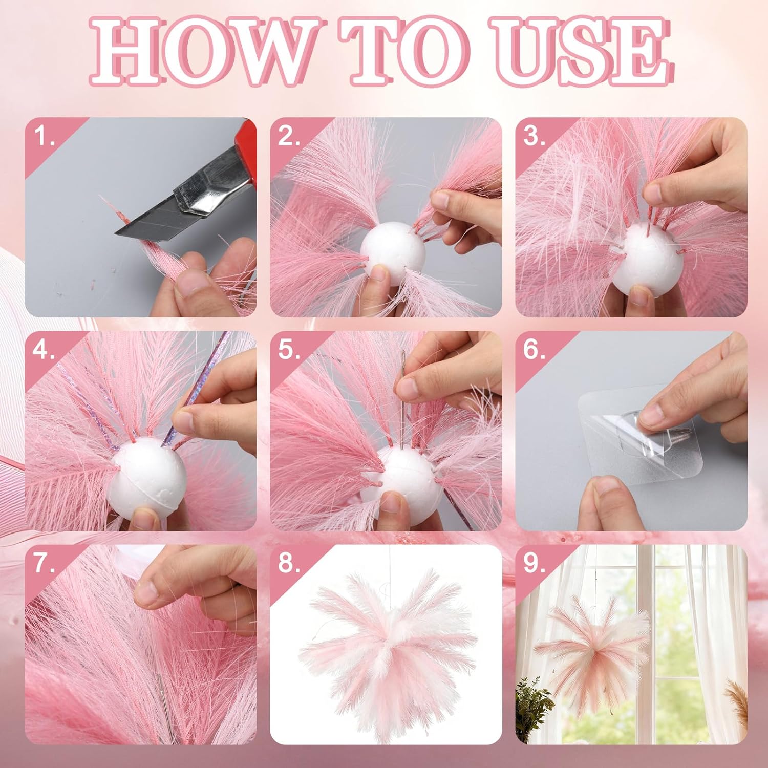 60 Sets Valentine Pink Hanging Decoration Pampas Grass Ceiling Decor Fireworks Design Diy Blush Artificial Pampas Grass For Diy Crafts Wedding Galentines Bedroom Home Bridal Shower(Pink)