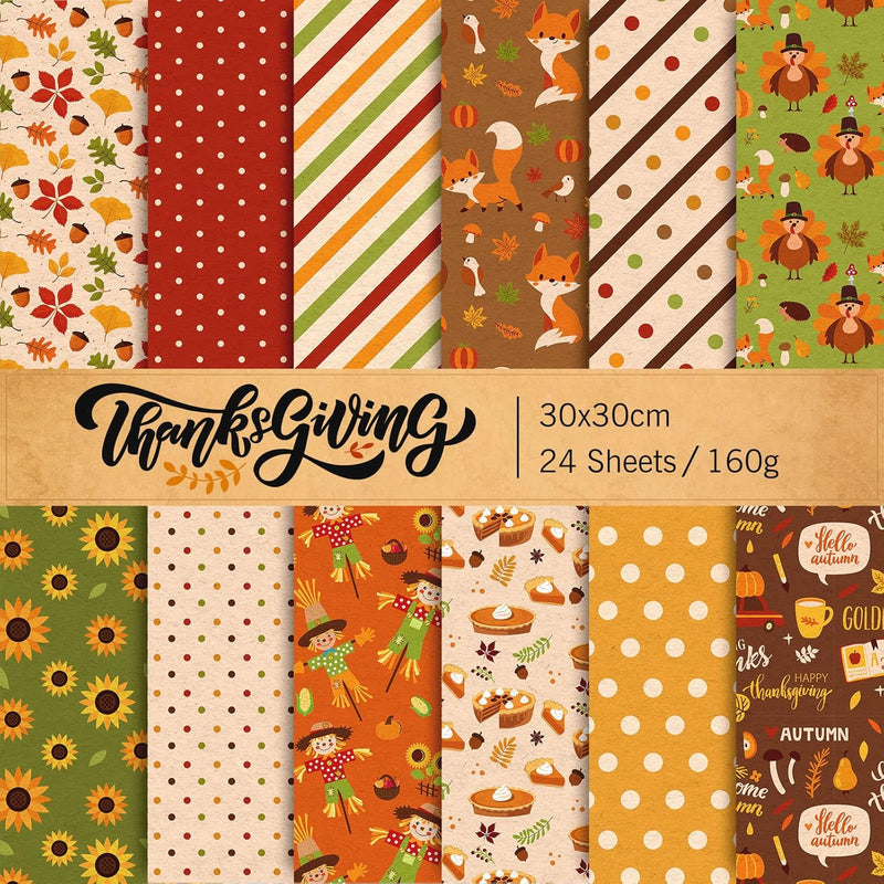 24Pcs Fall Pattern Paper 30X30Cm Autumn Leaves Fox Turkey Dot Double-Sided Scr