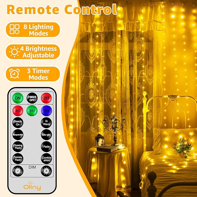 300 LED Curtain Lights 9.8FT x 9.8FT Waterproof Connectable Fairy String Lights with Remote 8 Modes Timer Plug In Warm White Wall Backdrop Wedding Party Decor