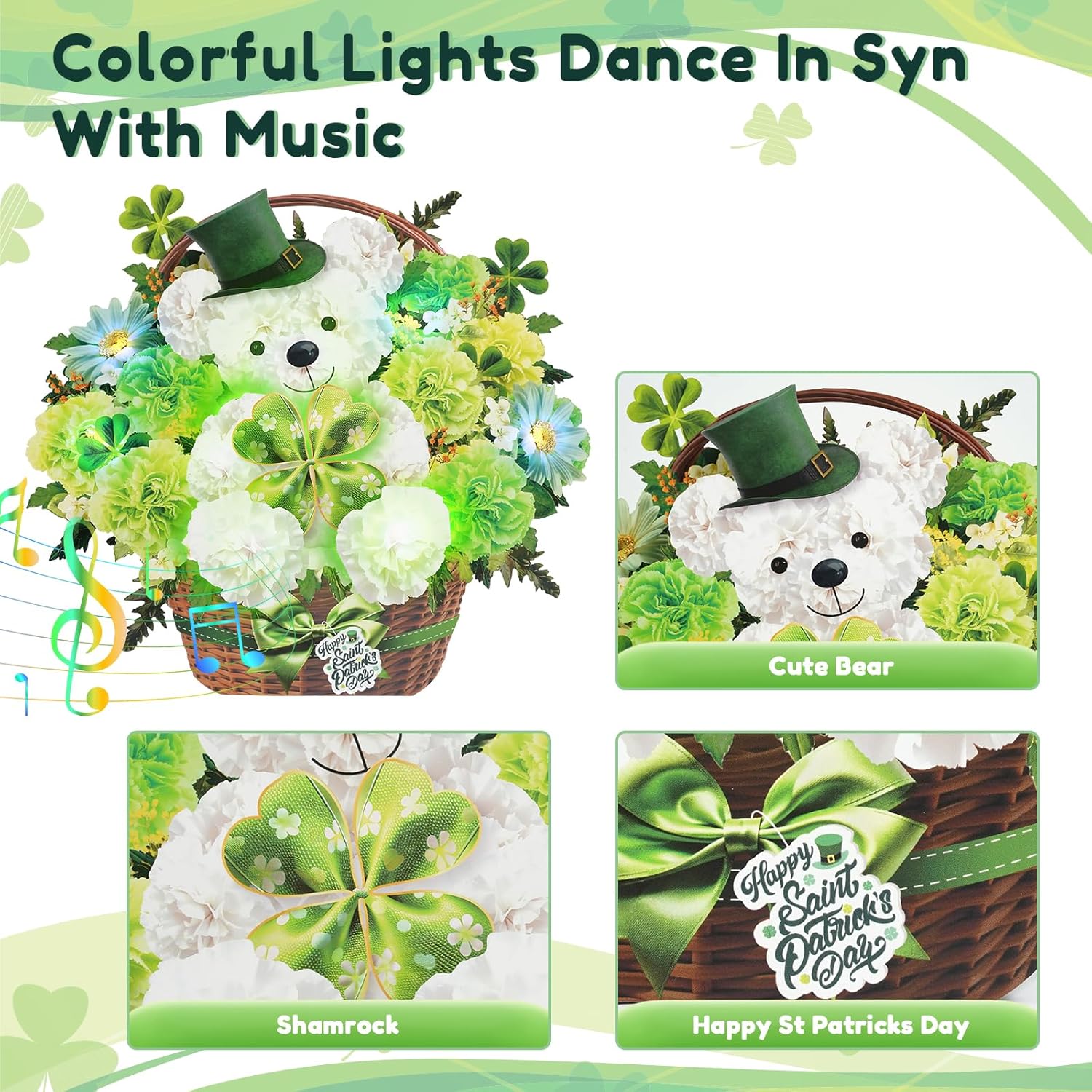 St Patricks Day Cards With Music & Lights, 3D Pop Up Bear & Shamrock, 10 Inch Life Sized Forever Bouquet St Patrick Day Decorations Gifts For Women Kids Men