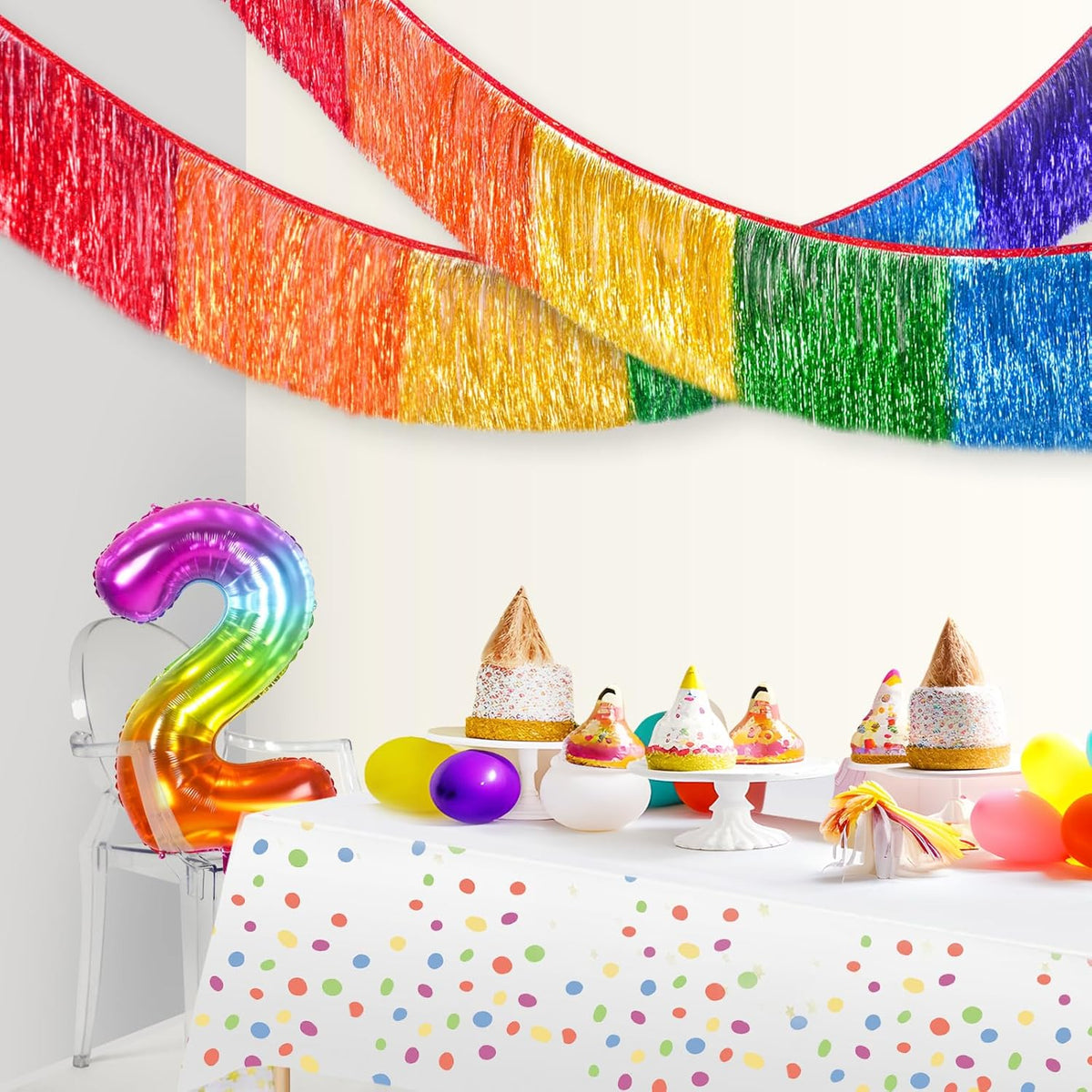 Rainbow Foil Fringe Garland Party Decorations, 12 Feet Rainbow Tinsel Metallic Glitter Banner, Hanging Table Skirts For Birthday Wedding Christmas Pride Month Parade Floats Decor