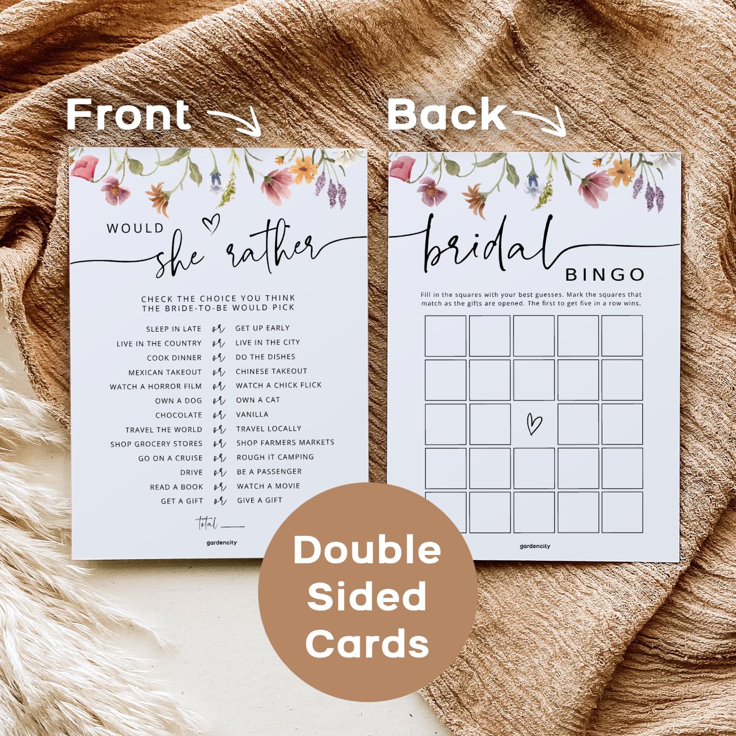 Bridal Shower Games - 4 Bridal Shower Games For 30 Guests, (He Said She Said, Would She Rather, Bridal Bingo, What Did The Groom Say), Double-Sided Cards (Wildflower)
