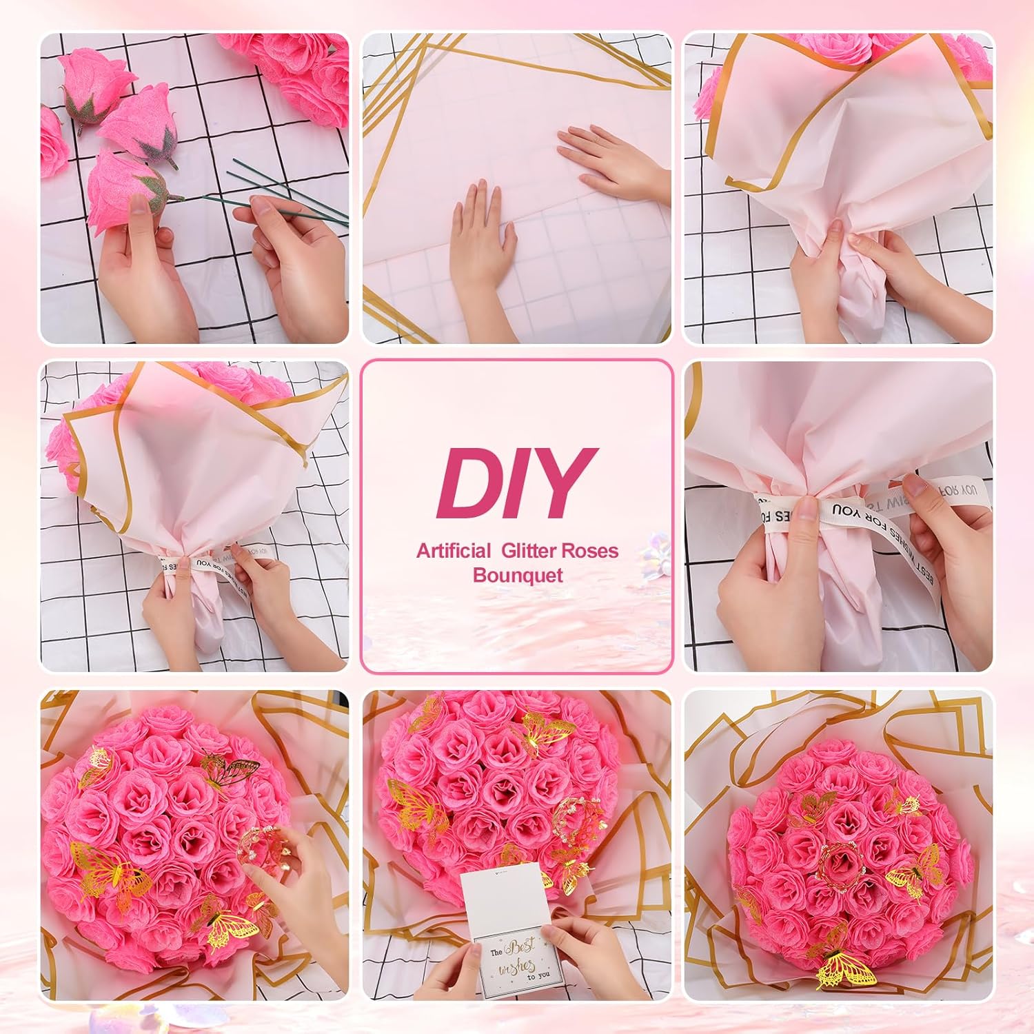 36 Pcs Glitter Roses Bouquet Kit, Pink Sparkling Flower Arrangement With Stems, Butterflies, Crown, Wrapping Paper, Card, Ribbon For Wedding, Graduate, Birthday, Diy Crafts