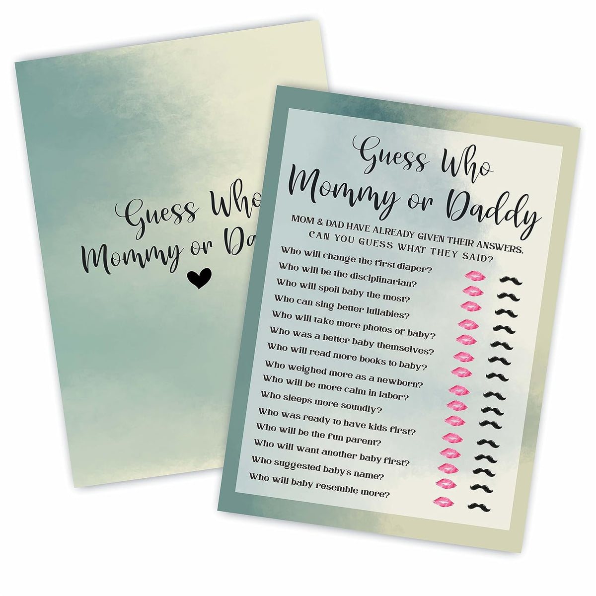 Guess Who Mommy Or Daddy Game Cards For Baby Shower - Agate Green - Gender Reveal, Baby Announcement, Gender Neutral Fill In Game Kit For Baby Shower, Party Favor & Supplies(30Pcs)-E03