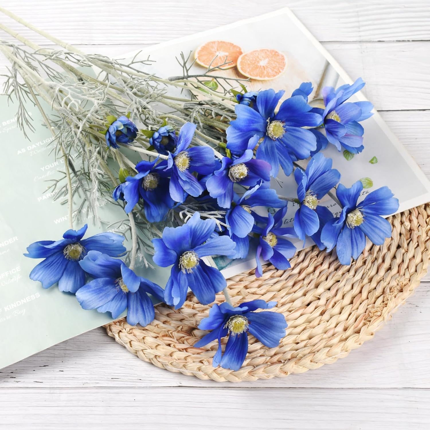 4Pcs Artificial Wild Flower Fake Cosmos With Long Stem Faux Silk Flowers For Wedding Bridal Bouquet Wreath Table Centerpiece Outdoor Decor (Dark Blue)