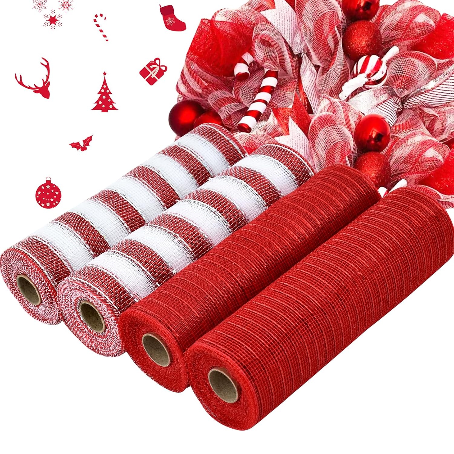 4 Roll 10 Inch Red Striped Decorative Mesh Ribbon Rolls, Fabric Mesh With Foil For Wreaths Front Door Decor Christmas Festival Party Accessories Party Decoration Supplies (10Yds/Roll