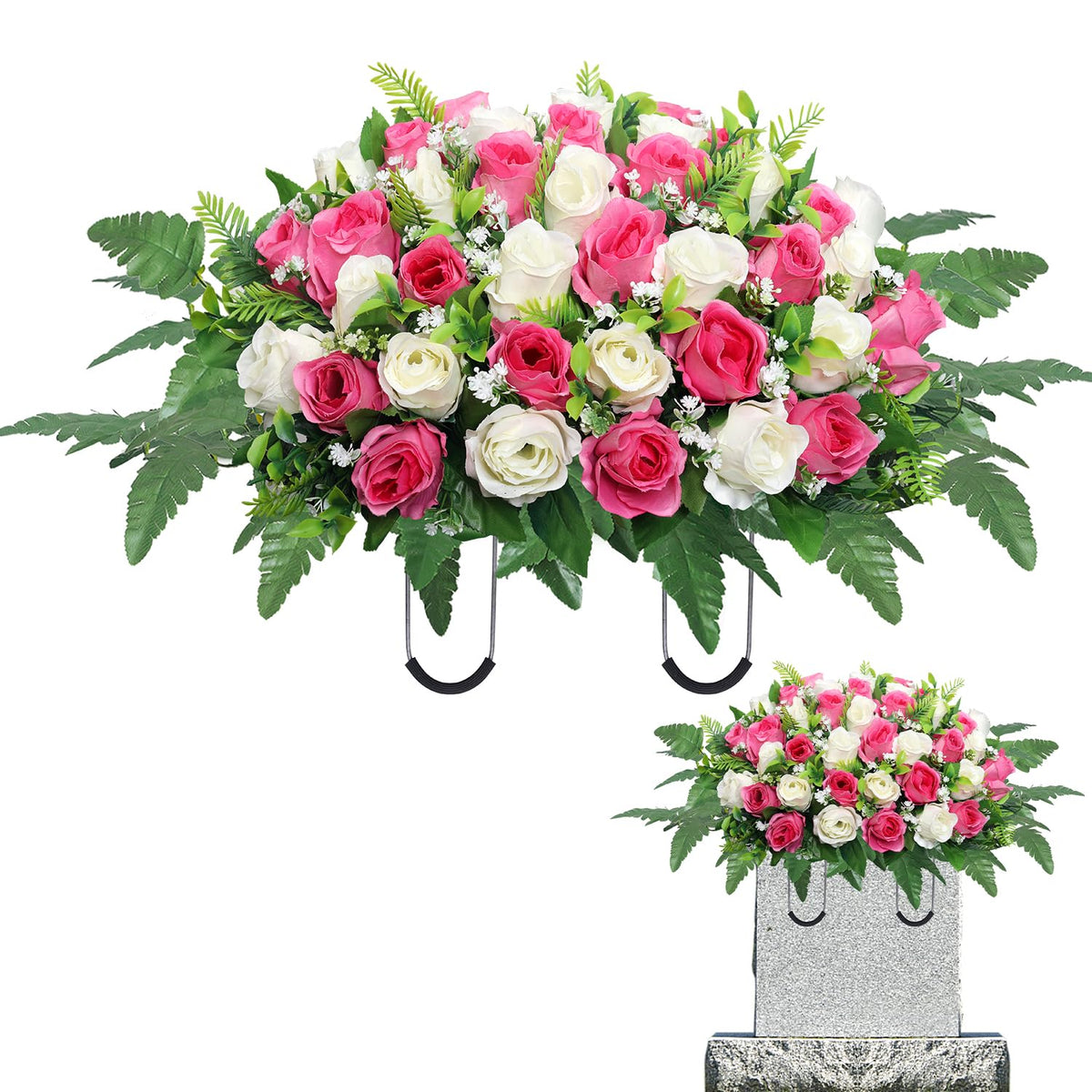 Artificial Cemetery Flowers Saddle - Grave Decoration Headstone Flower Rose For Outdoor Grave Decorations (Pink White)