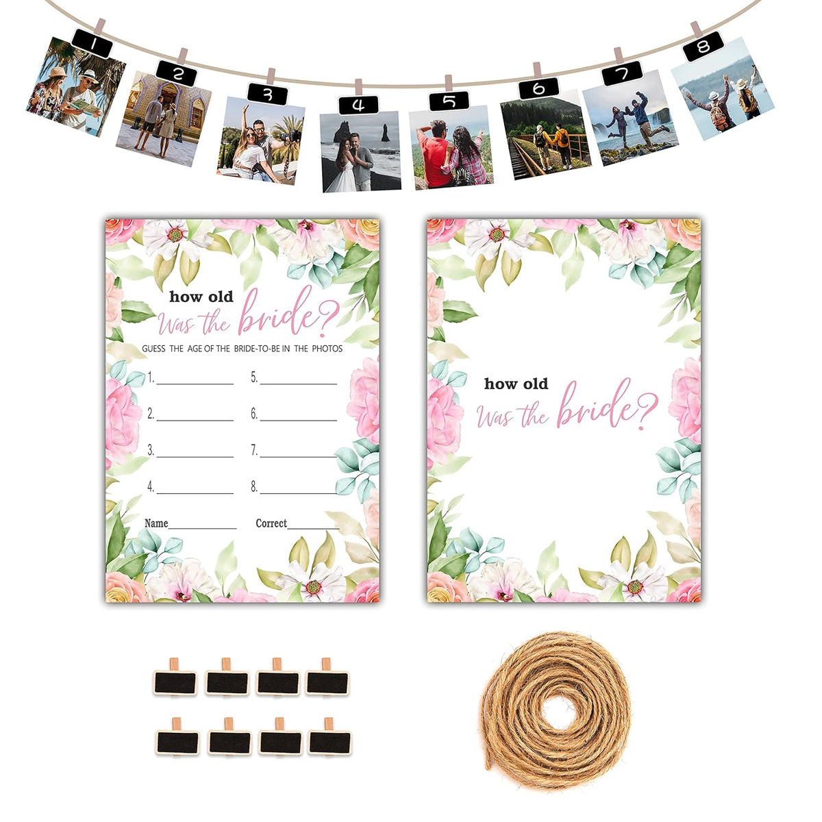 Bridal Shower Games - How Old Was The Bride-To-Be Wedding Shower Party Card Game - Blush Pink Boho Floral Bachelorette/Engagement Party Supplies Activities Decorations (A04)