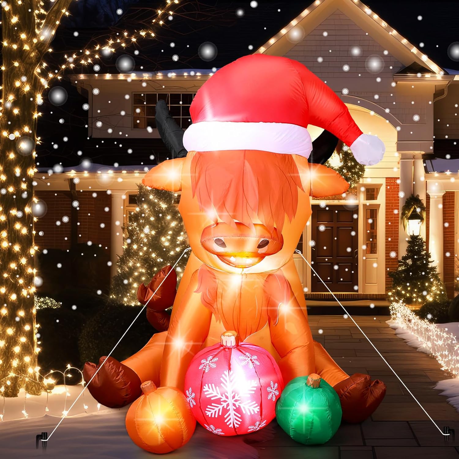 4.9 Ft Christmas Inflatable Cow Decoration Inflatable Highland Cow Cute Blow Up Animals In Santa Hat With Built-In Led L