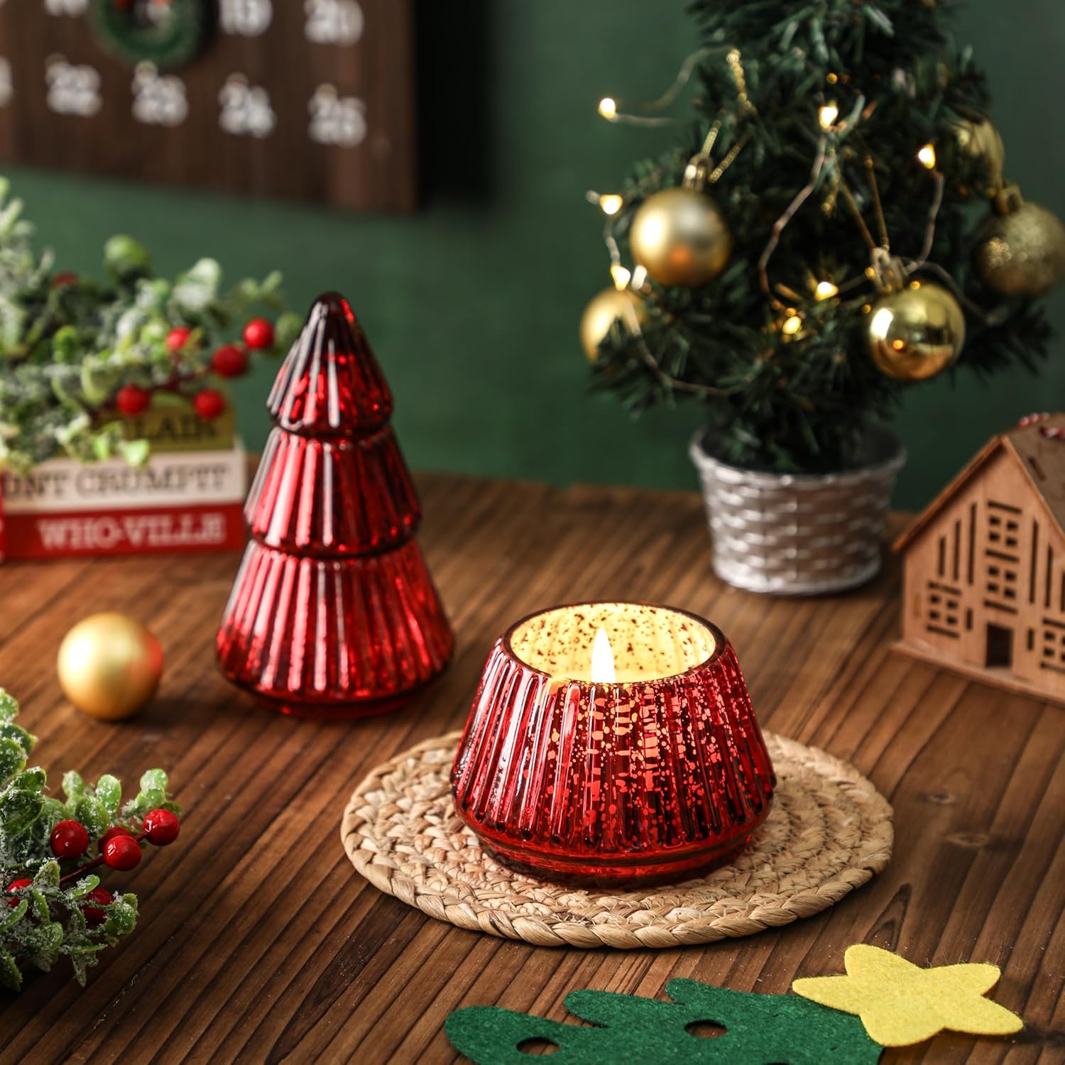 Christmas Tree Shaped Candle, Red Christmas Candles, Christmas Tree Scented, Tower Shaped Mercury Xmas Tree Candles, Winter Holiday Table Decorations, Red Tree Cape Candle, 8Oz