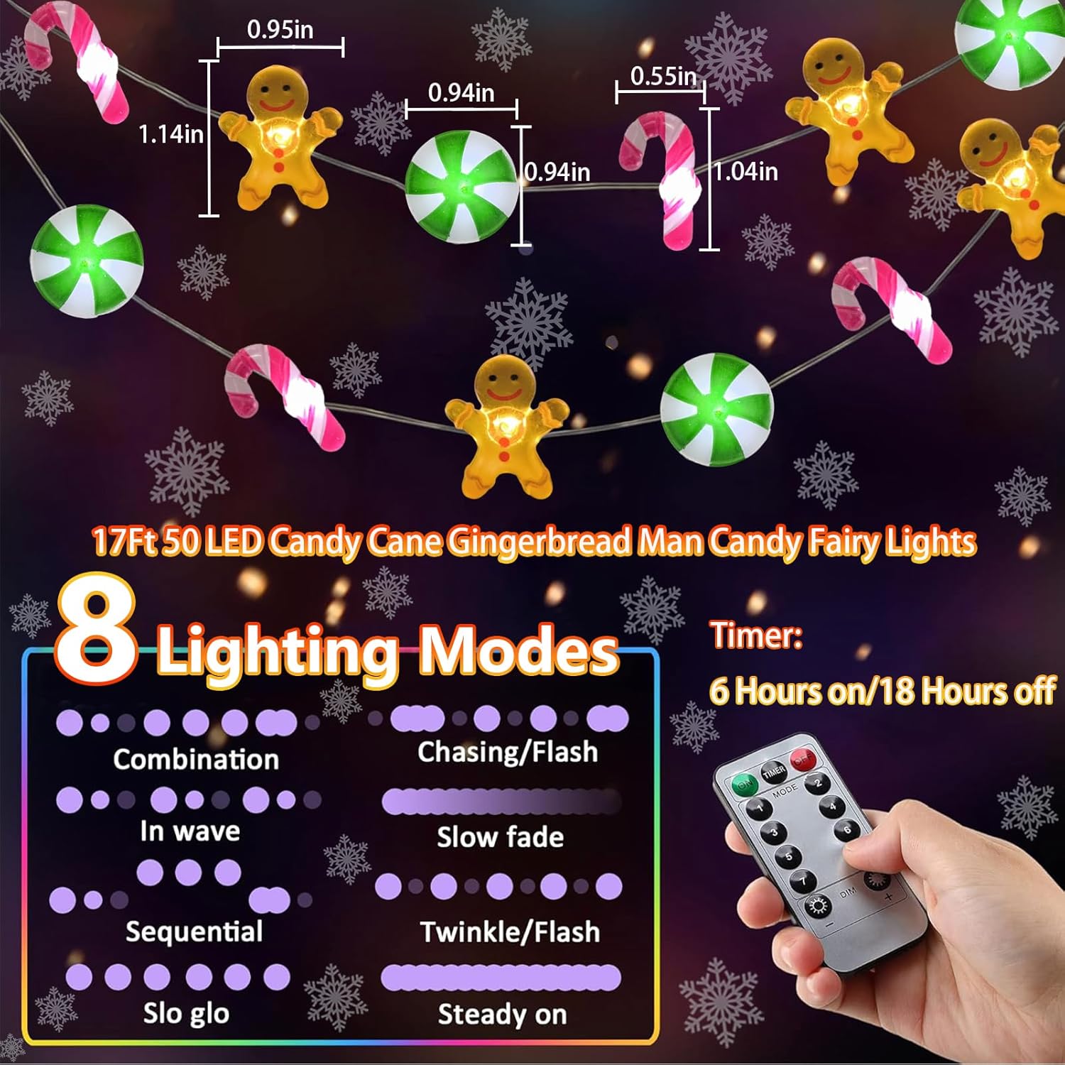 17Ft 50 Led Candy Cane Gingerbread Candy Christmas String Lights- Battery Operated Waterproof Christmas Fairy Lights Wit