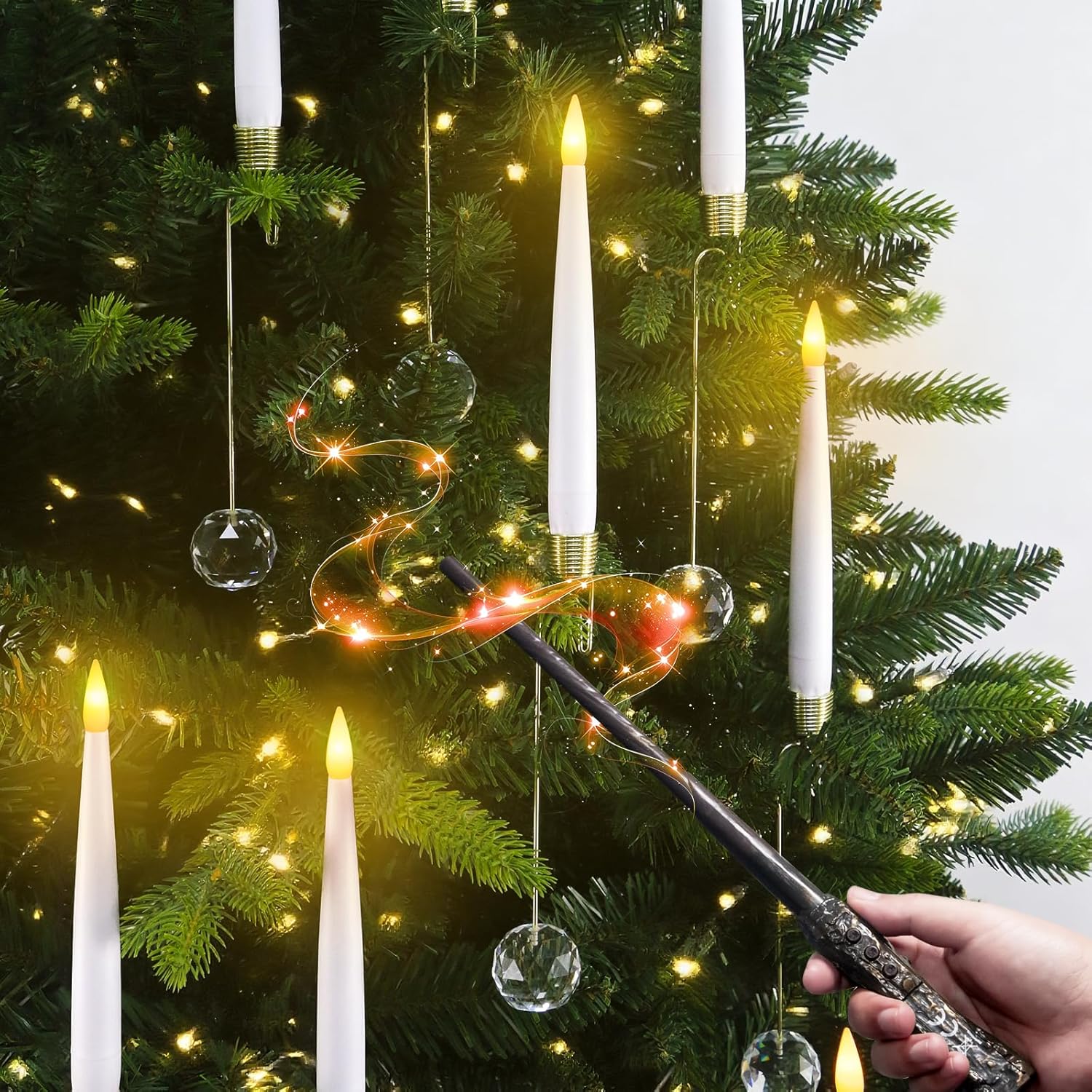 Christmas Tree Candles With Magic Wand 12 Pack Flameless Candles For Christmas Tree Flickering Battery Operated Led Candle For Holiday Home Party Decor With Crystal Ball Hook