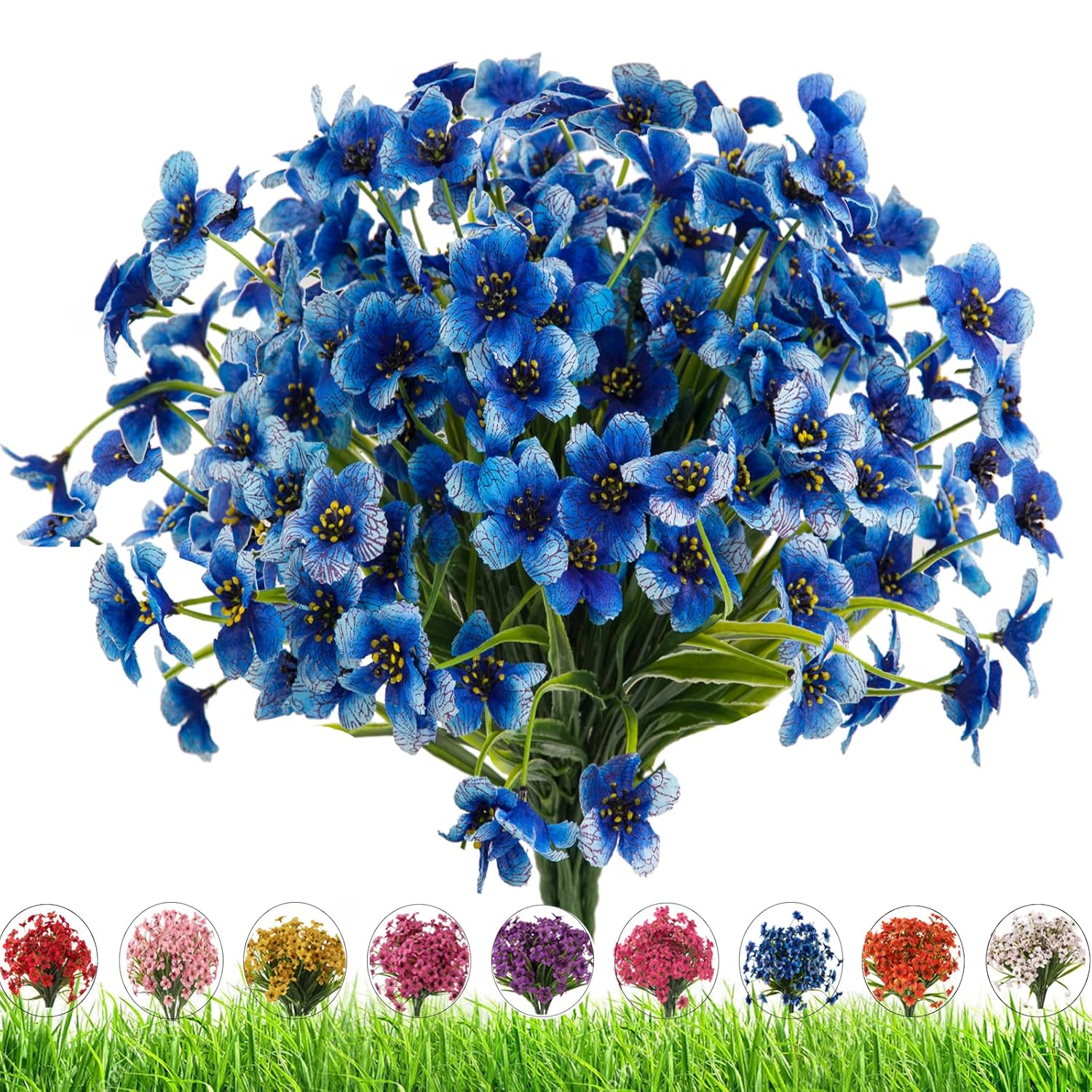 Outdoor Artificial Fake Flowers,24 Bundles Uv Resistant Faux Outdoor Plastic Flower Plants For Outside Indoor Decorations(Blue)