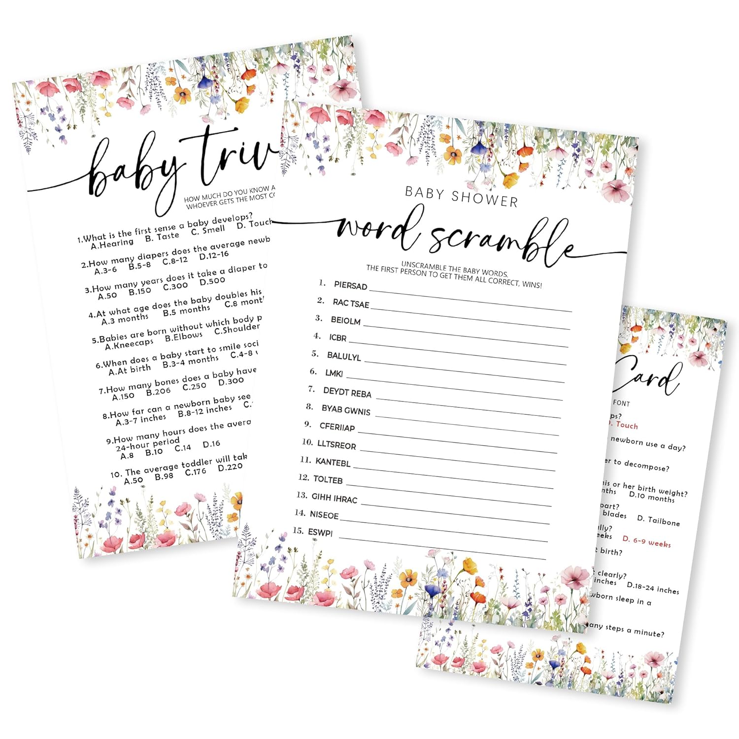 Wild Floral Baby Shower Game - Word Scramble,Baby Trivia-2 Games, 30 Pcs Double Sided Theme Game Cards With 1 Answer Card For Boy Girl, Gender Reveal Games, Baby Shower Favor And Decorations - A06