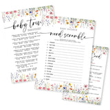 Wild Floral Baby Shower Game - Word Scramble,Baby Trivia-2 Games, 30 Pcs Double Sided Theme Game Cards With 1 Answer Card For Boy Girl, Gender Reveal Games, Baby Shower Favor And Decorations - A06