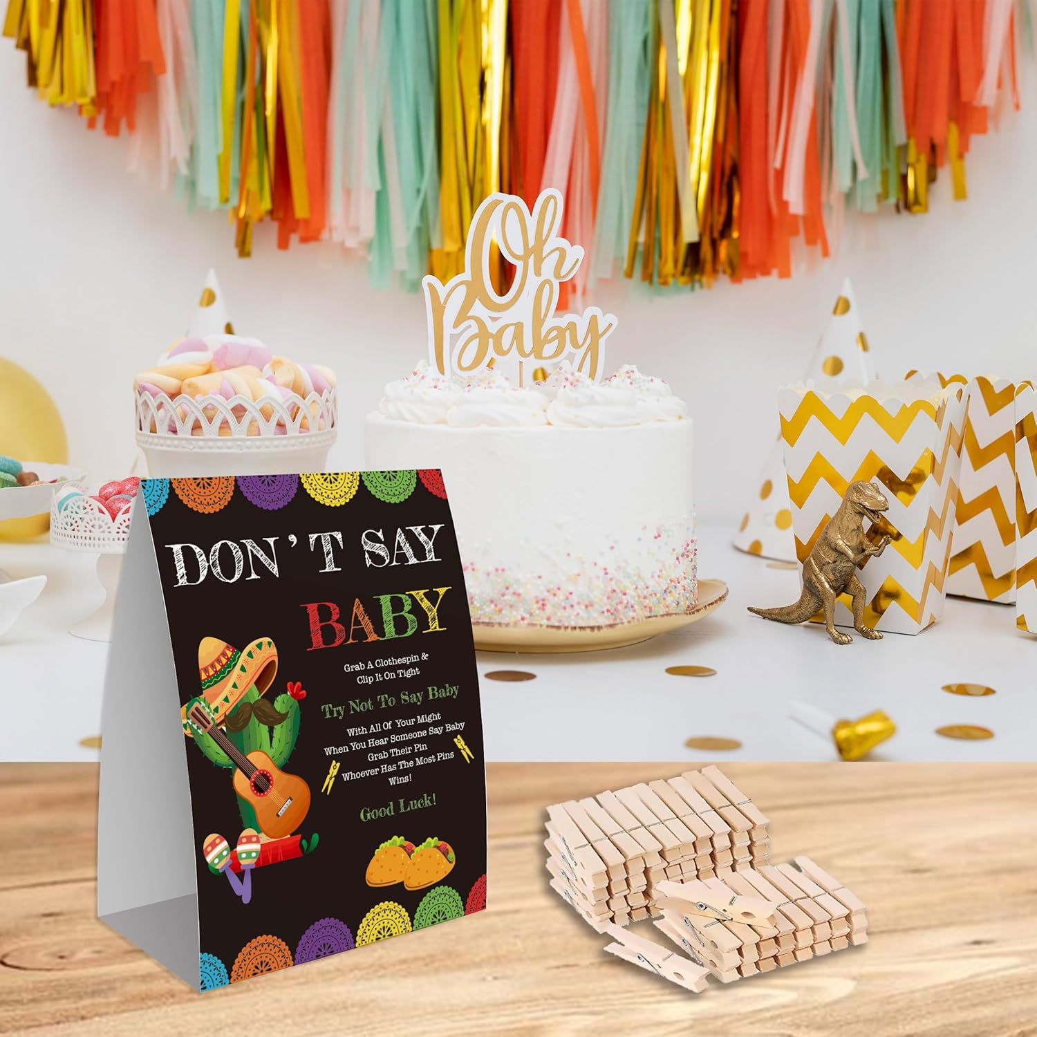 Don'T Say Baby Game For Baby Shower, 50 Wooden Clothespins And One Sign, Fiesta Taco Theme, Pins For Baby Shower Decorations, Gender Reveal Games, Baby Shower Supplies-Bb17