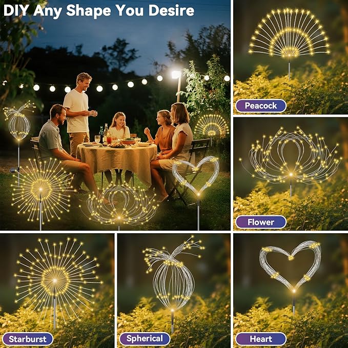 2 Pack 120 LED Solar Firework Garden Lights Outdoor Waterproof Decorative Fairy Lights Warm White for Yard Patio Pathway Flowerbed Party Wedding Decor