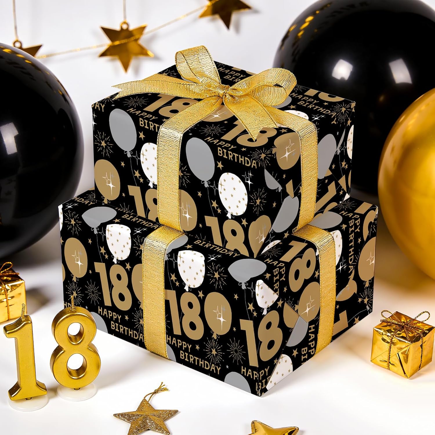 18Th Birthday Wrapping Paper Roll - Mini Roll - 17 Inch X 16.5 Feet - Black Gold Balloon 18 Happy Birthday Wrapping Paper For Boys Girls Teenager