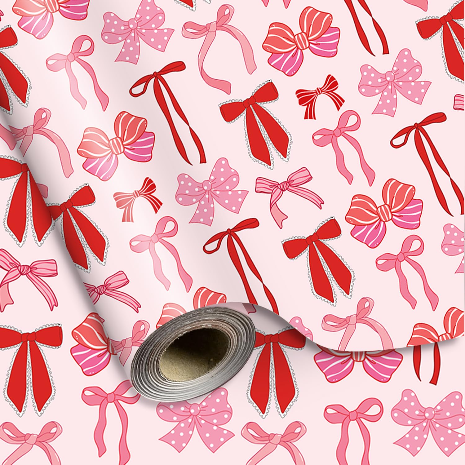 Valentine'S Day Wrapping Paper -Mini Roll- 17 In X 32.8 Ft Pink Red Bow Gift Wrap Paper For Birthday Wedding Bride Shower Party Wrapping Supplies