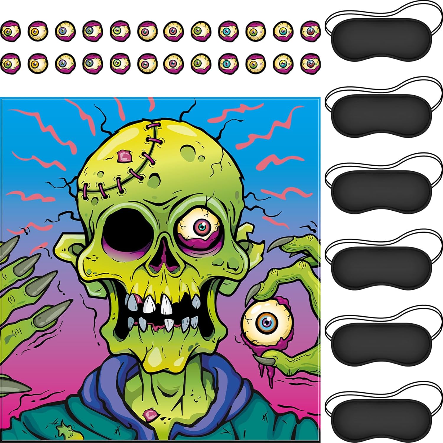 Pin The Eyeball On The Zombie Halloween Party Game, Zombie Game Poster With 24 Pieces Zombie Eyeballs Stickers And 6 Pieces Black Eye Mask