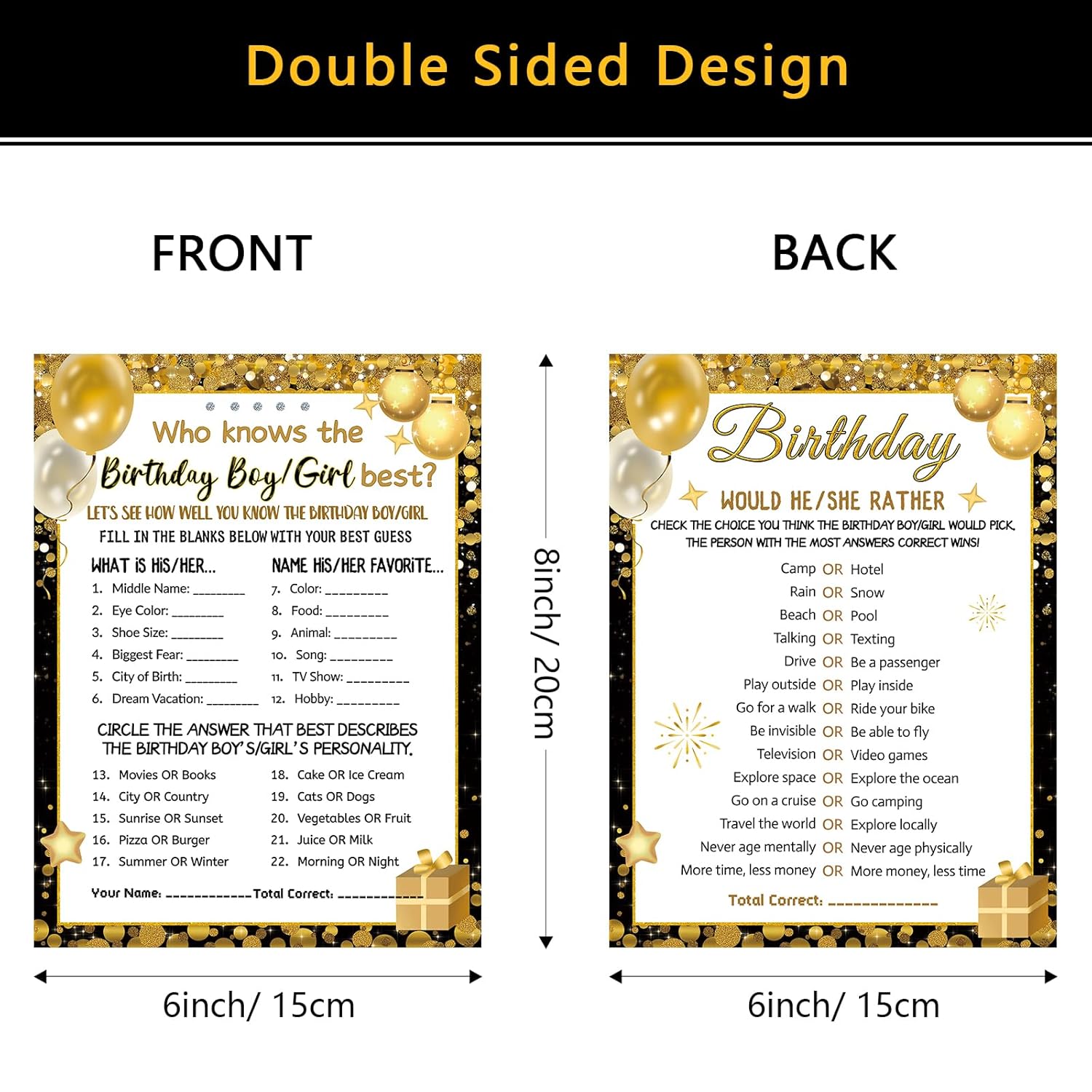 Who Knows The Birthday Boy Girl Best, Birthday Game Cards For Party Activities, Birthday Game Cards For Teens Kids Girls Boys Sleepover Party - Set Of 30 (Black Gold, Double-Sided)