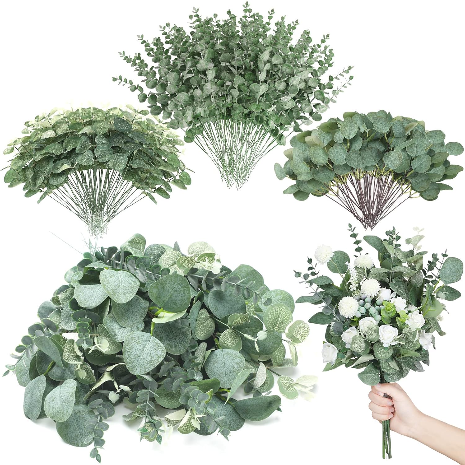 270 Pcs 3 Kinds Mixed Eucalyptus Leaves Stems Bulk Artificial Silver Dollar Leaves Picks Dried Eucalyptus Bundle Faux Spray For Wedding Vase Bouquet Floral Arrangement (Green)