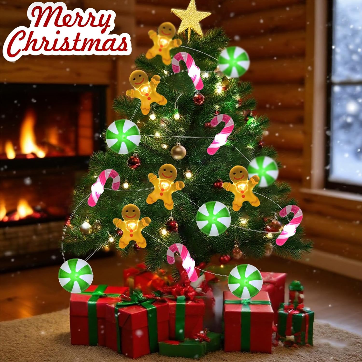 17Ft 50 Led Candy Cane Gingerbread Candy Christmas String Lights- Battery Operated Waterproof Christmas Fairy Lights Wit