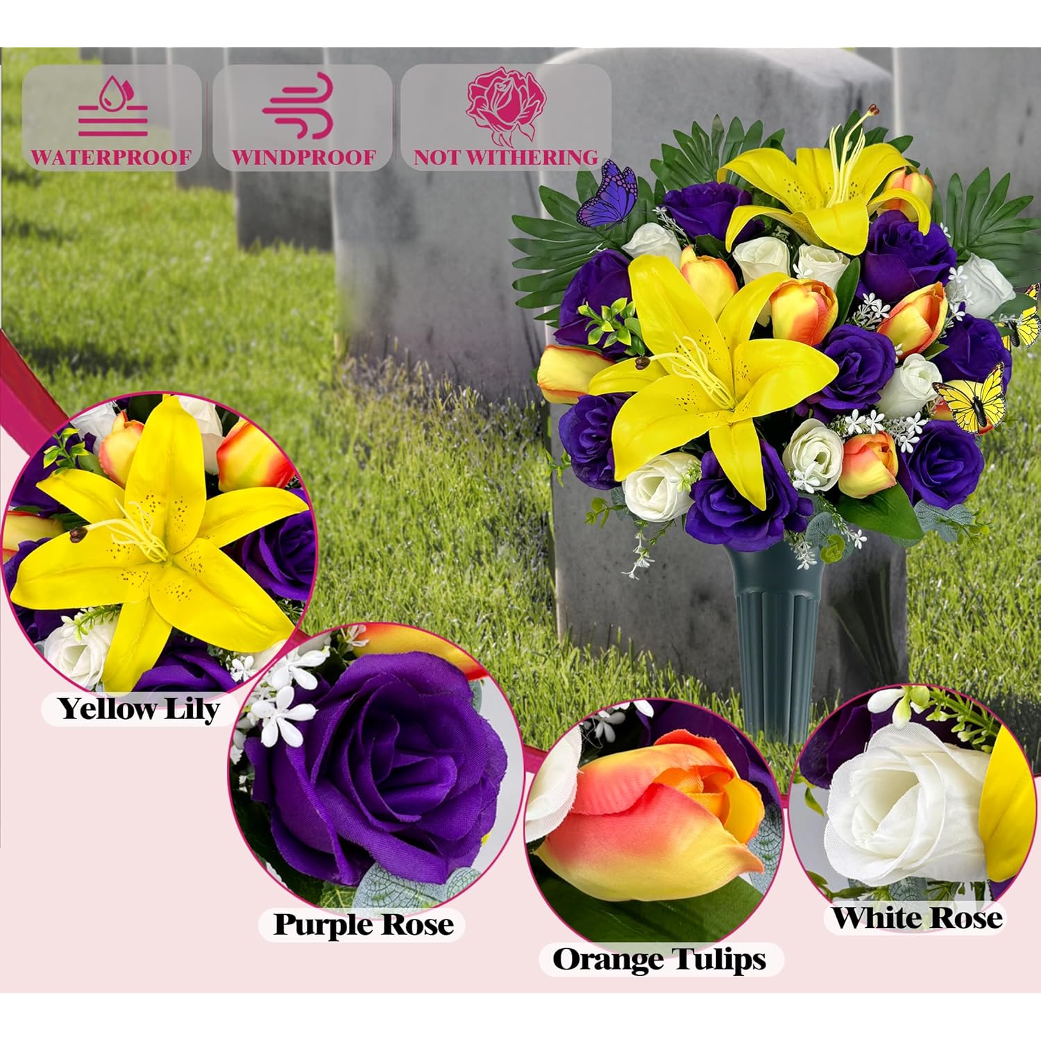 Artificial Cemetery Flowers - Memorial Flowers - Outdoor Sympathy Grave Flower Decorations For Mothers Day,Fathers Day,Lily/Rose