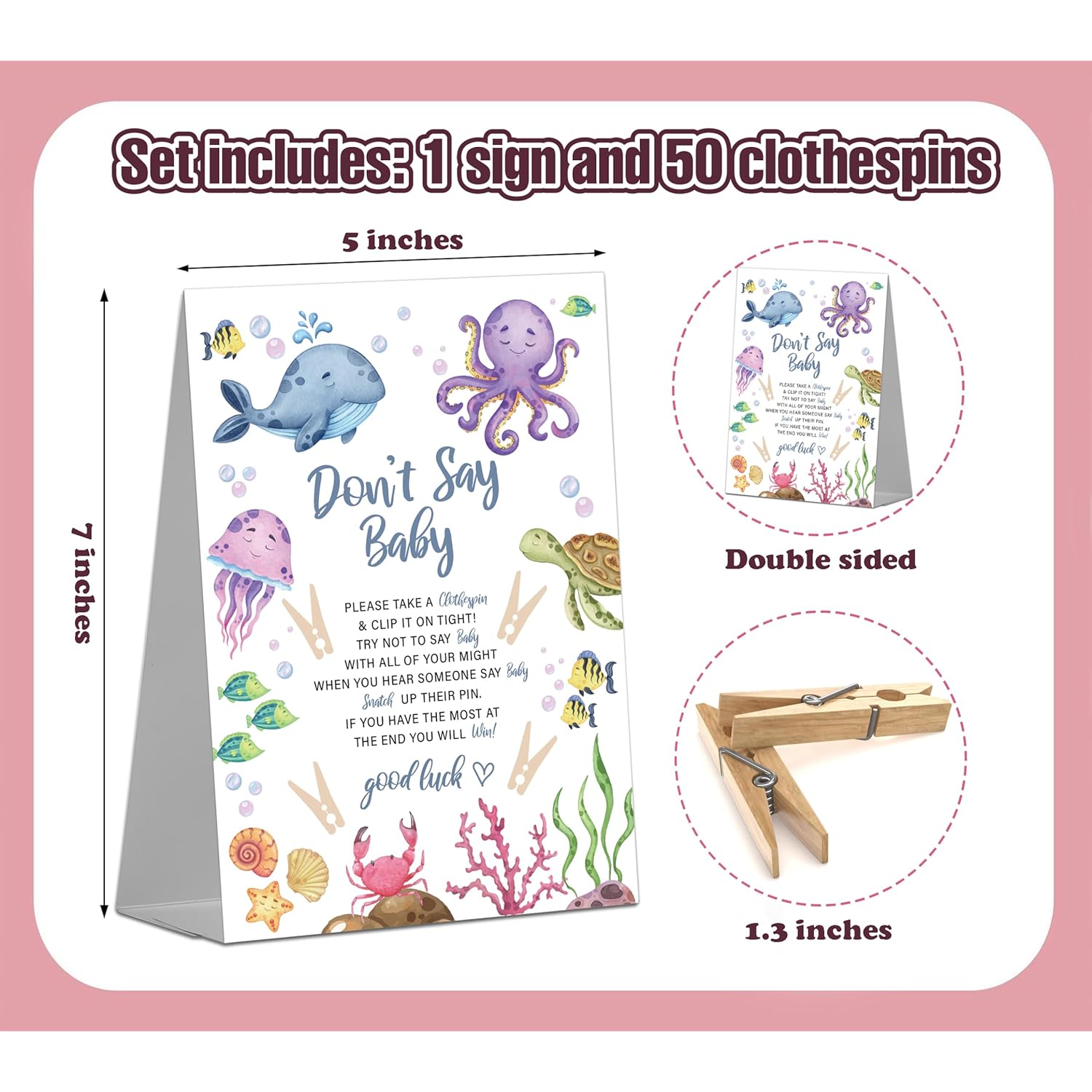 Don'T Say Baby Game Sign For Ocean Under The Sea Shower (1 Sign + 50 Mini Clothespins) - Gender Reveal Party Decorations And Favors Supplies (Mq-1-9)