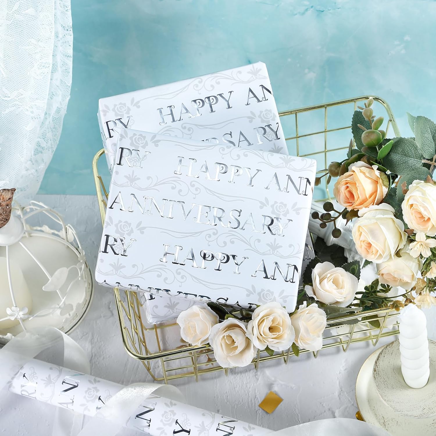 Happy Anniversary Wrapping Paper Roll - Mini Roll - 17 Inch X 16.5 Feet - Silver Foil Happy Anniversary Lettering Design Perfect For Celebration, Party