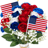 28 Pcs Red White And Blue Flowers, Patriotic Memorial Bouquet Atificial Flowers, Thank You Veterans Roses With American Flags, Artificial Full Blooming Flower For Memorial Day, Red/Blue/White